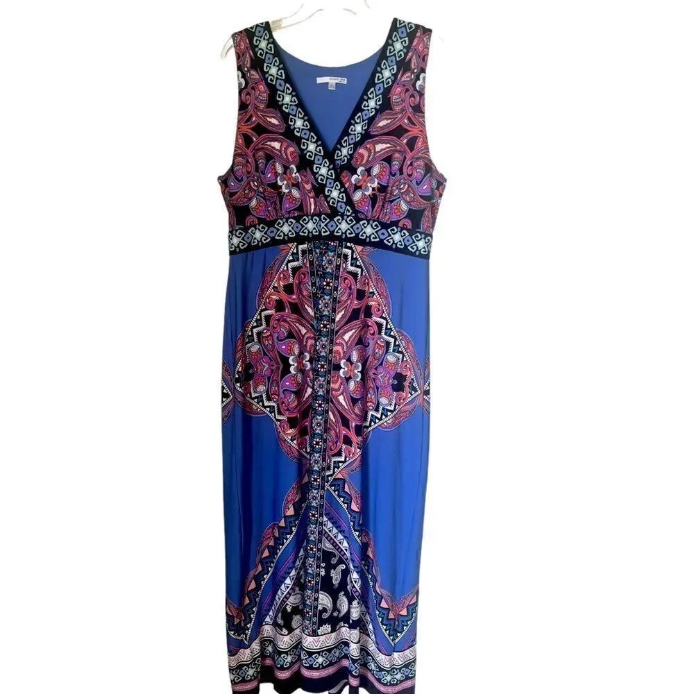 Studio One Floral Paisley Maxi Dress Blue Purple Sleeveless V Neck Dress sz L